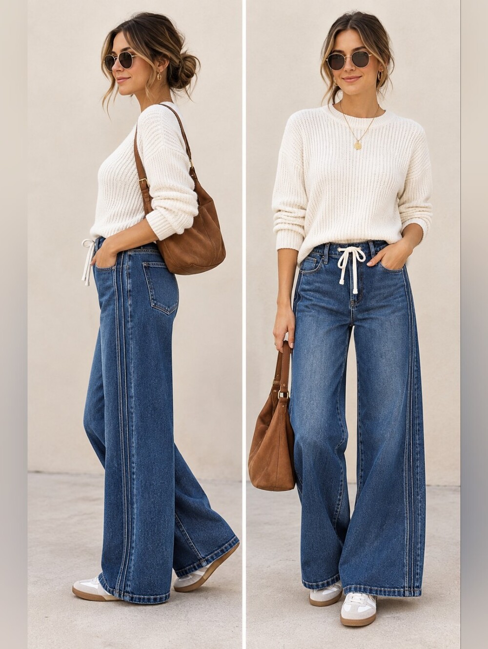 RISEN Women's Wide Leg Jeans Tie Waist Pintuck Side Seam Collegiate Various NEW